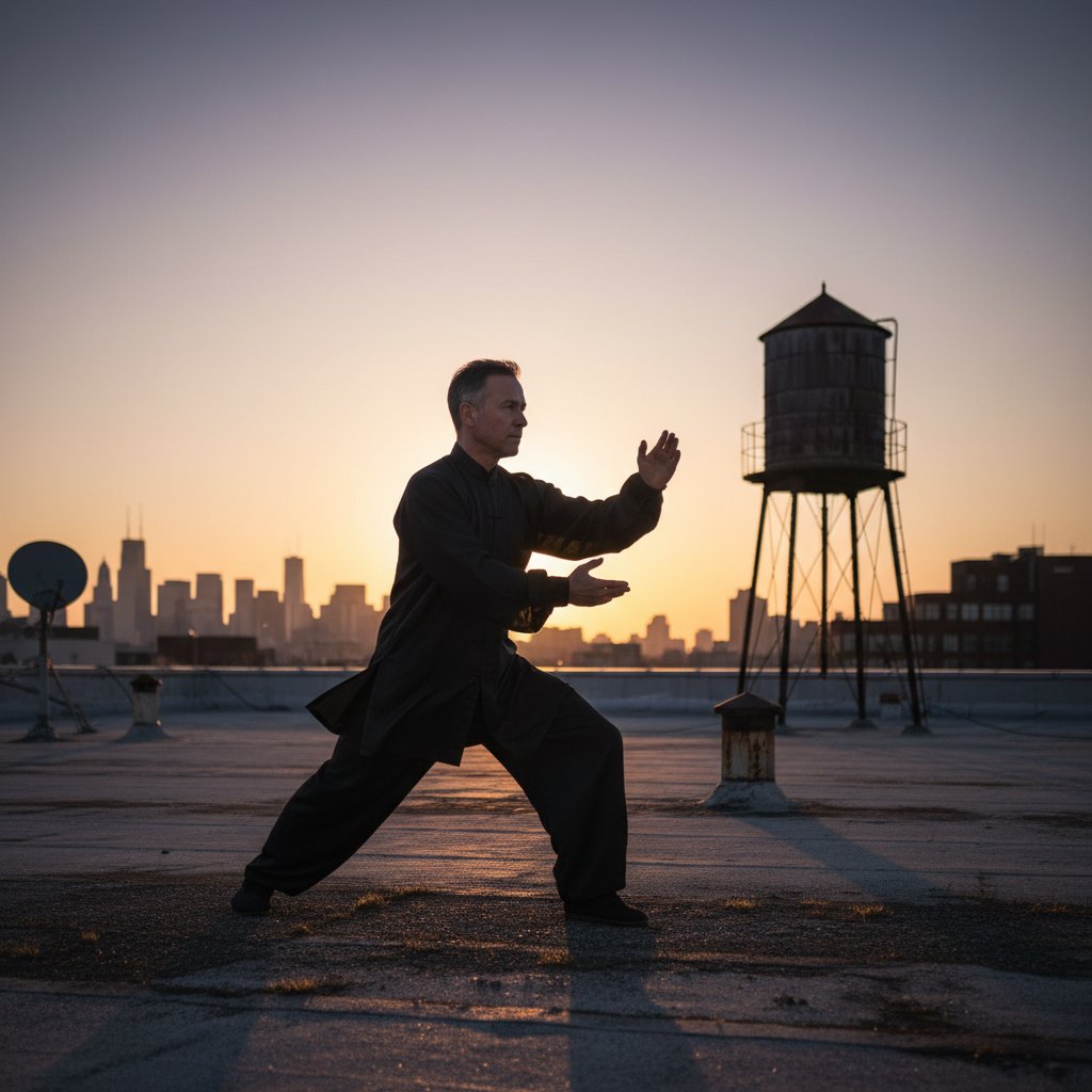 Mężczyzna w średnim wieku ćwiczy tai chi na pustym dachu o zmierzchu – atmosfera skupienia i wyciszenia