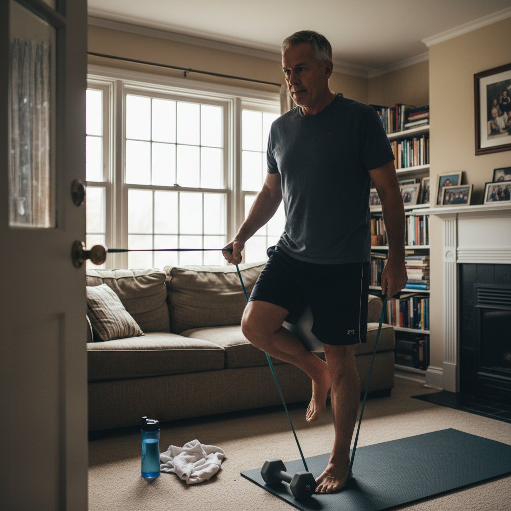 Pacjent po CABG podczas trudnej rehabilitacji w domu, dokumentalna scena wysiłku