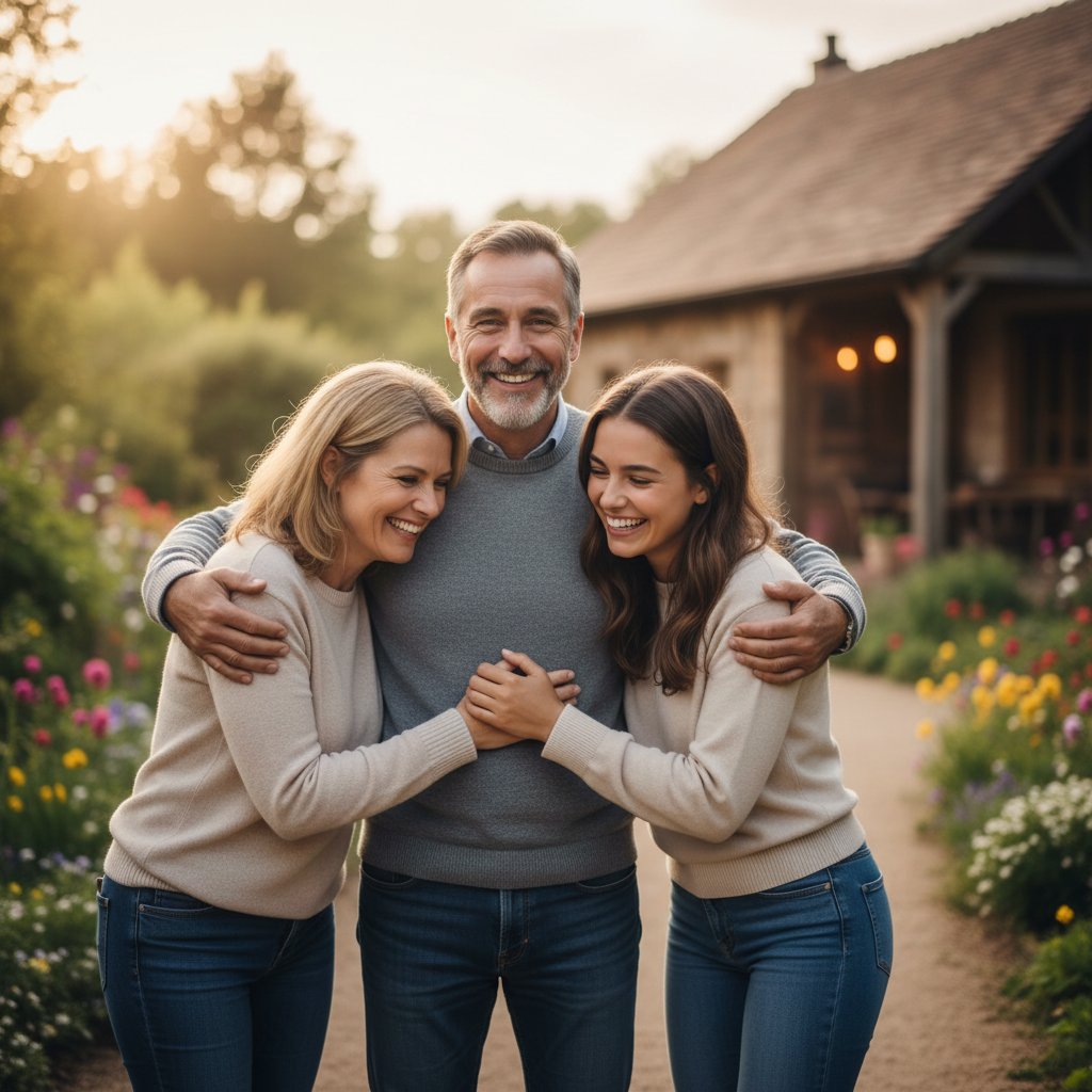 Uśmiechnięty pacjent po udanej rehabilitacji domowej, rodzina wokół, radosna atmosfera