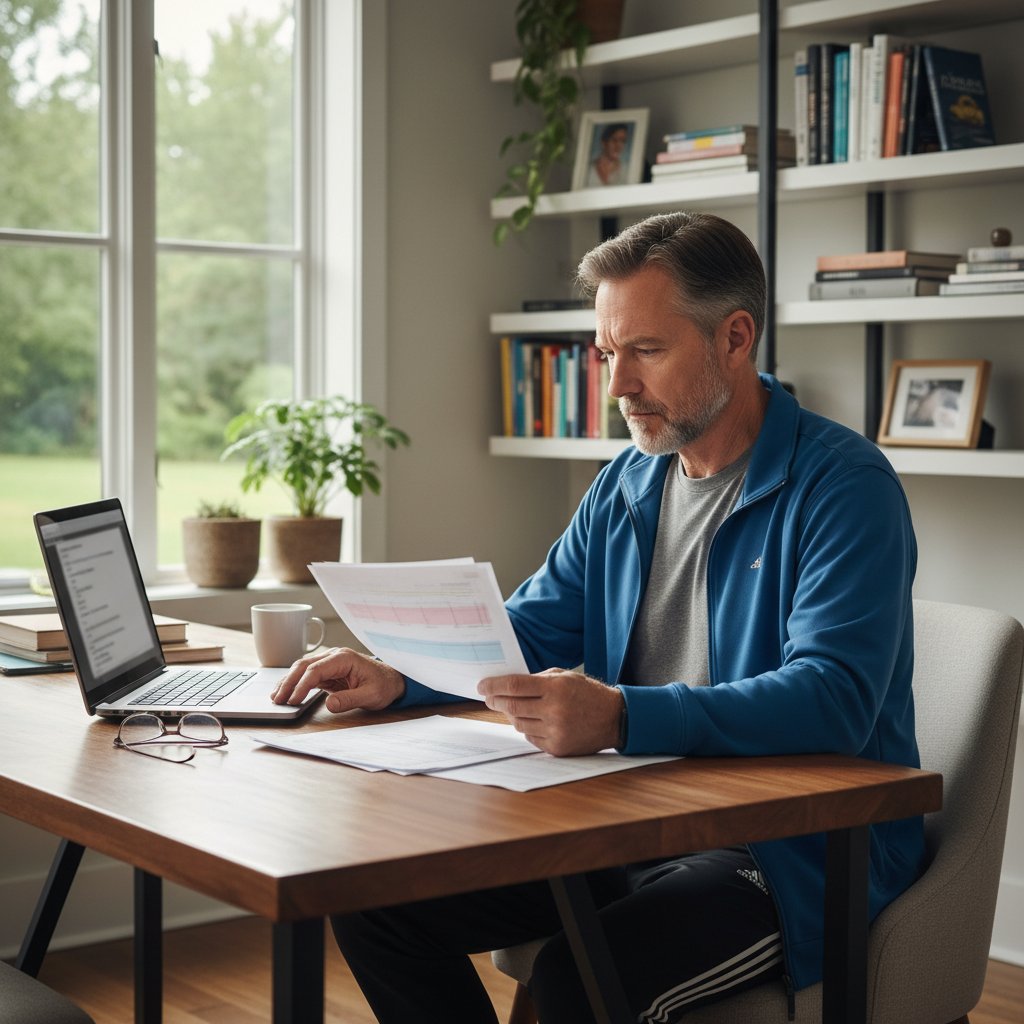 Mężczyzna w średnim wieku w sportowym stroju patrzy na wynik badania na smartfonie, zaskoczony, w tle domowe biuro