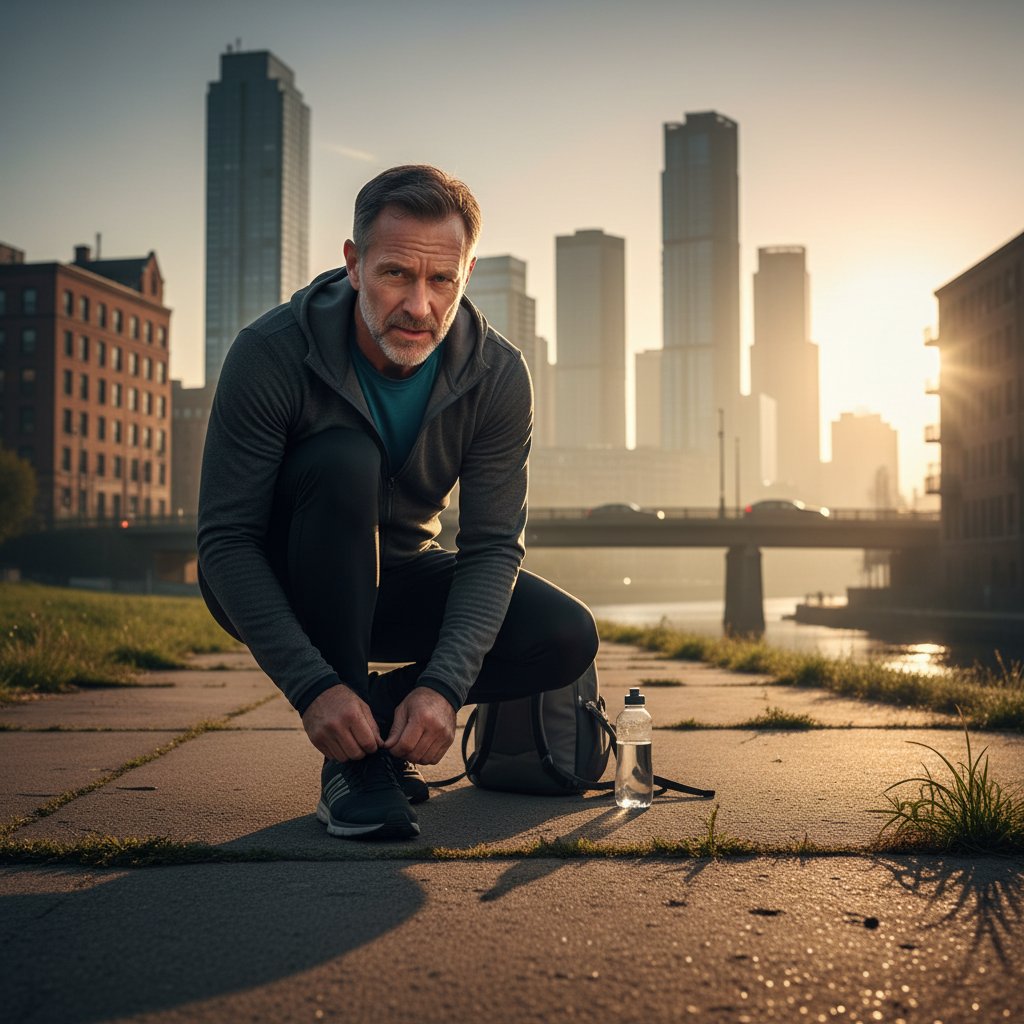 Mężczyzna w średnim wieku wiąże buty do biegania o świcie w mieście