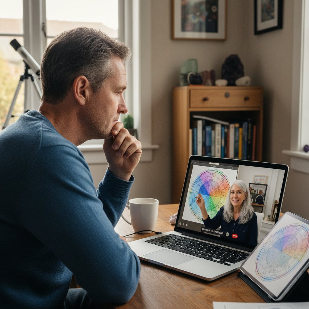 Mężczyzna w średnim wieku rozmawiający przez wideoczat z astrologiem, a na ekranie wyświetla się wykres urodzeniowy