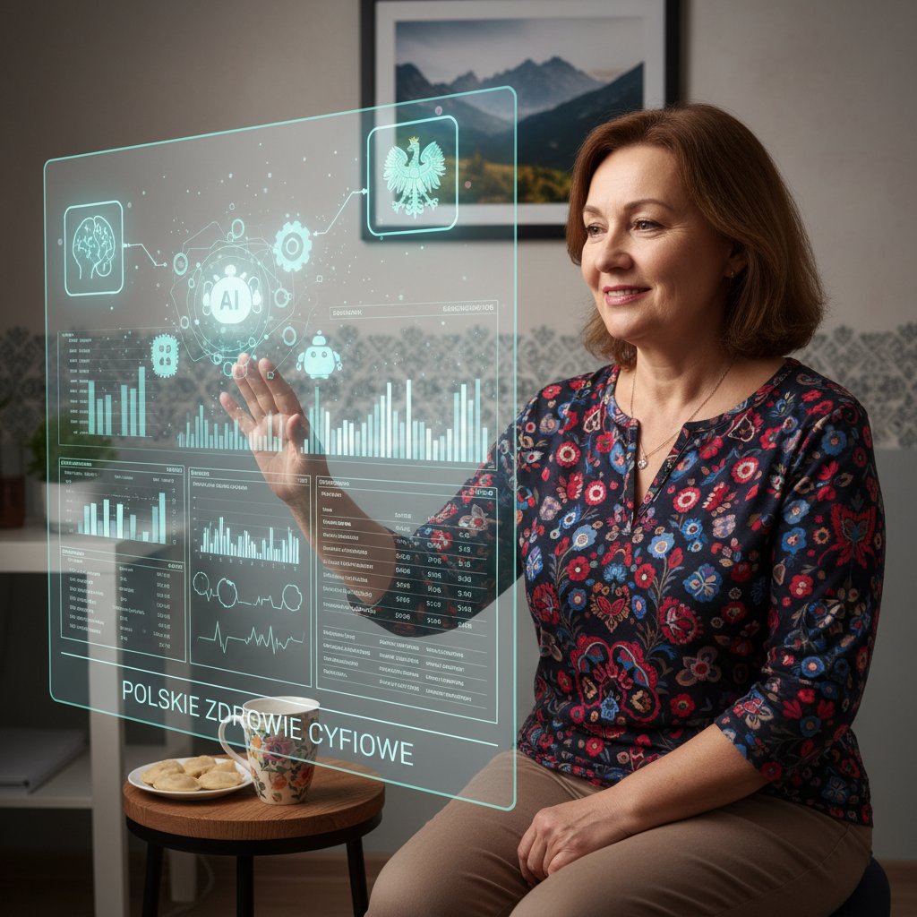 Pacjent korzystający z platformy zdrowotnej na laptopie, elementy cyfrowe w tle