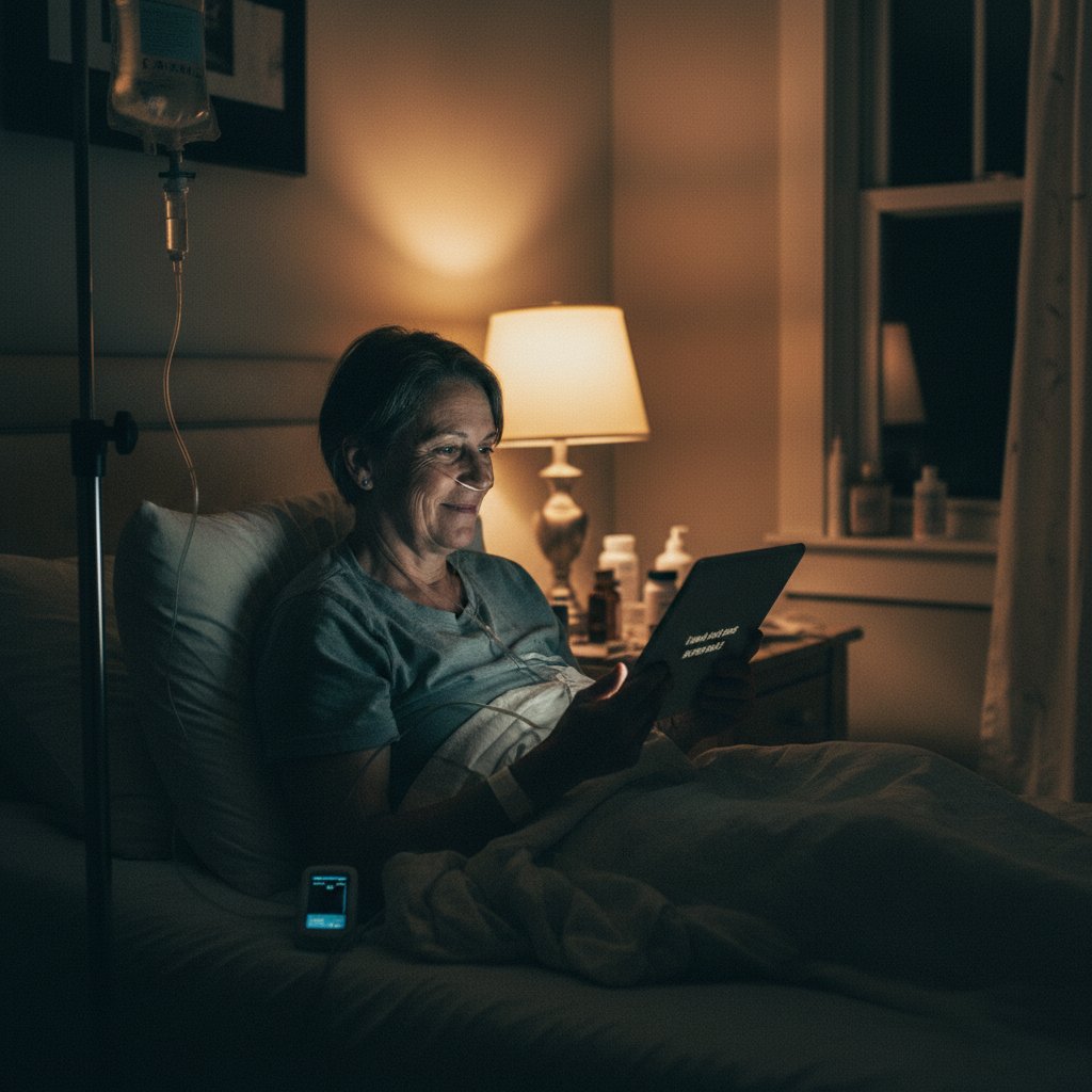 Pacjent korzystający z tabletu do konsultacji pooperacyjnej w domowym zaciszu, otoczony sprzętem medycznym