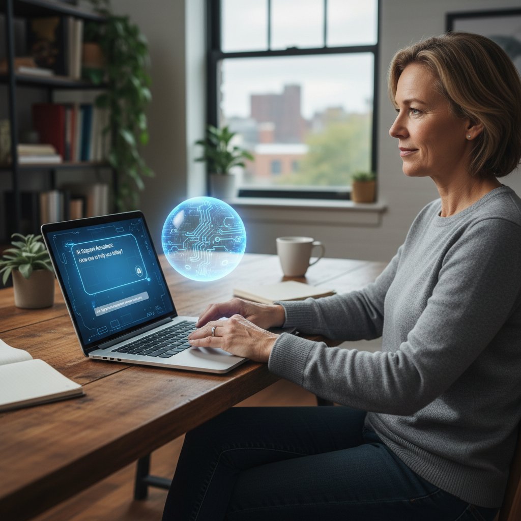 Osoba w średnim wieku korzystająca z laptopa, analizująca własne emocje, symbol wsparcia AI w terapii
