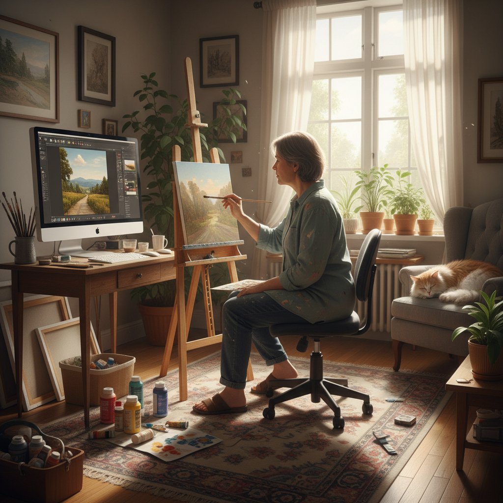 Osoba w średnim wieku maluje w domu przy komputerze, spokojna atmosfera, własna przestrzeń, domowe studio