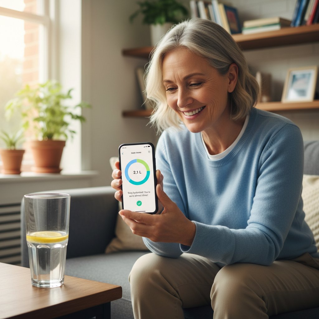 Osoba w średnim wieku uśmiecha się, trzymając telefon z aplikacją zdrowotną i butelką wody