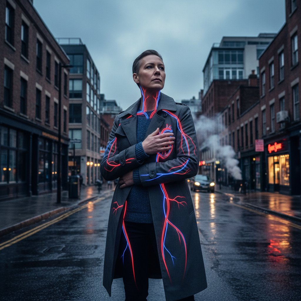 Portret osoby w średnim wieku z intensywnym spojrzeniem, symboliczne linie naczyń krwionośnych na twarzy, sceneria miejska, klimat redakcyjny – olbrzymiokomórkowe zapalenie tętnic