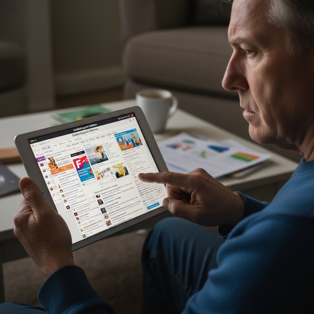 Osoba w średnim wieku przegląda fora internetowe na tablecie, zdezorientowana ilością dostępnych informacji