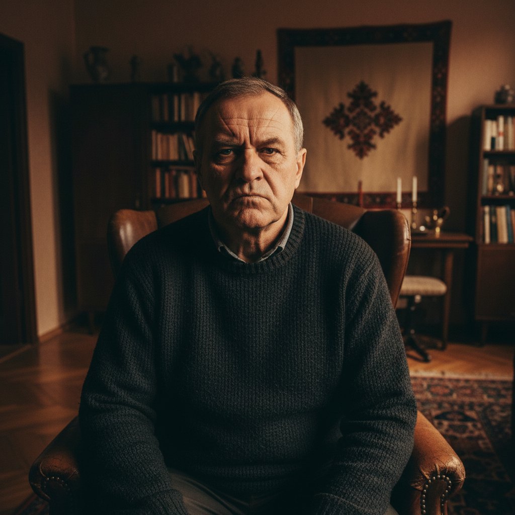 Portret ojca z poważnym wyrazem twarzy w polskim salonie, narcystyczny ojciec, dramatyczne światło