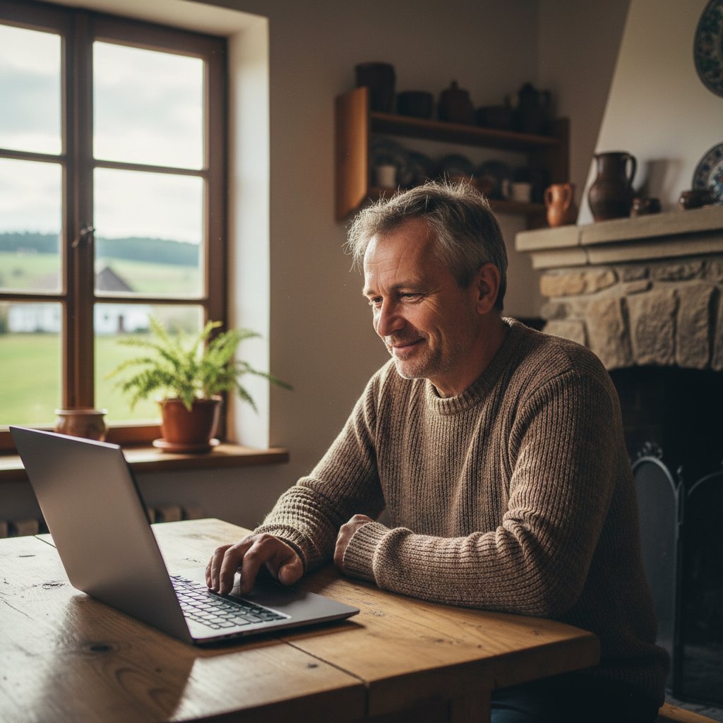 Mężczyzna ze wsi korzystający skutecznie z diagnozy online, uśmiechnięty przed laptopem, jasna dzienna sceneria