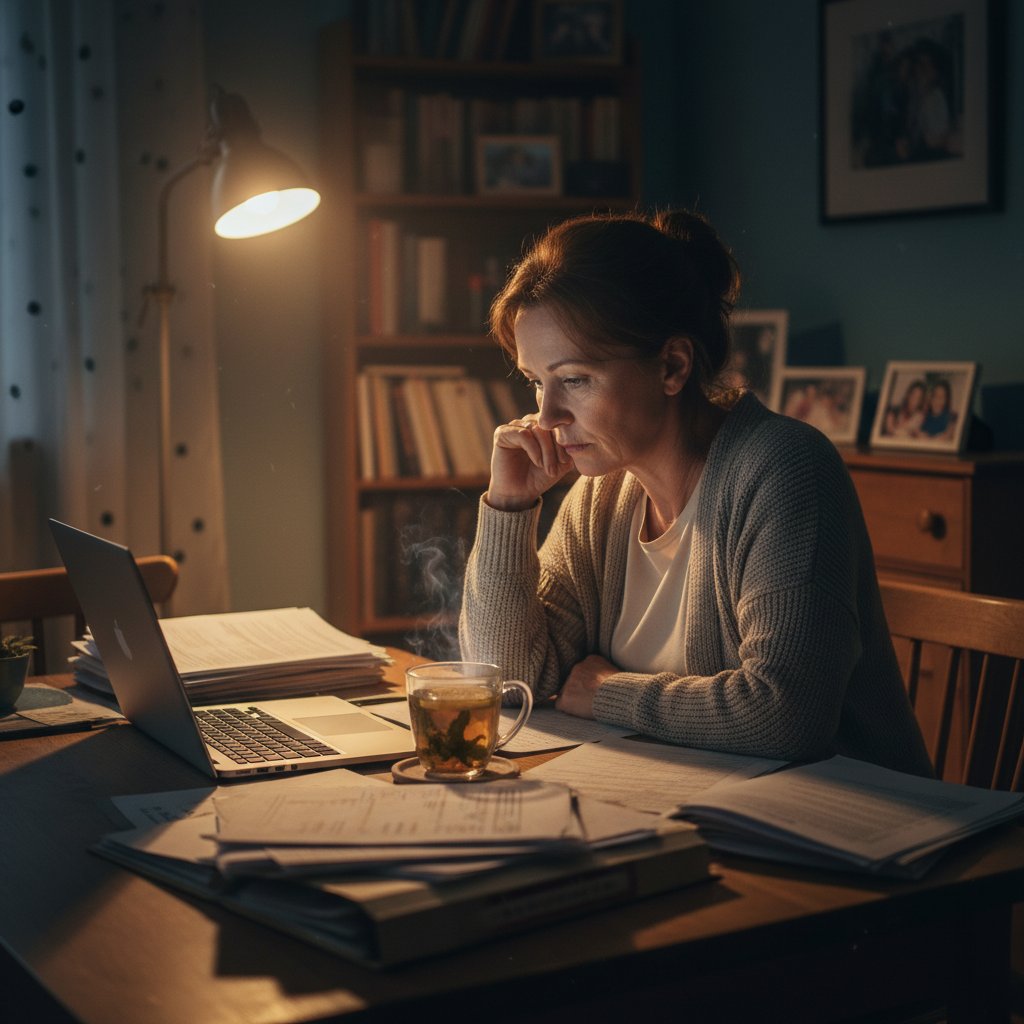 Kobieta korzystająca z konsultacji onkologicznej online w ciemnym mieszkaniu, z laptopem, dokumentami i herbatą – słowa kluczowe: konsultacje onkologiczne online, nowotwór, telemedycyna, emocje pacjenta
