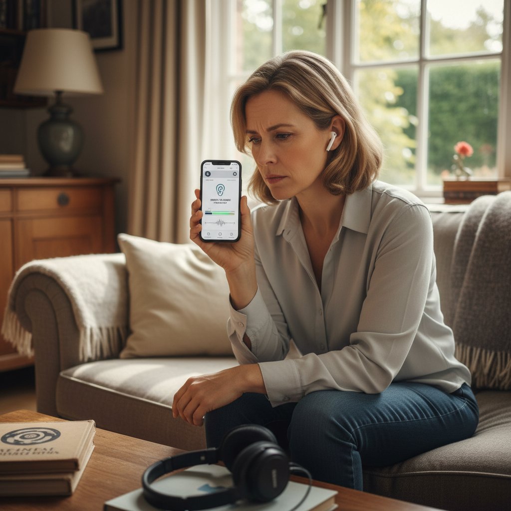 Kobieta testuje słuch smartfonem, domowy komfort