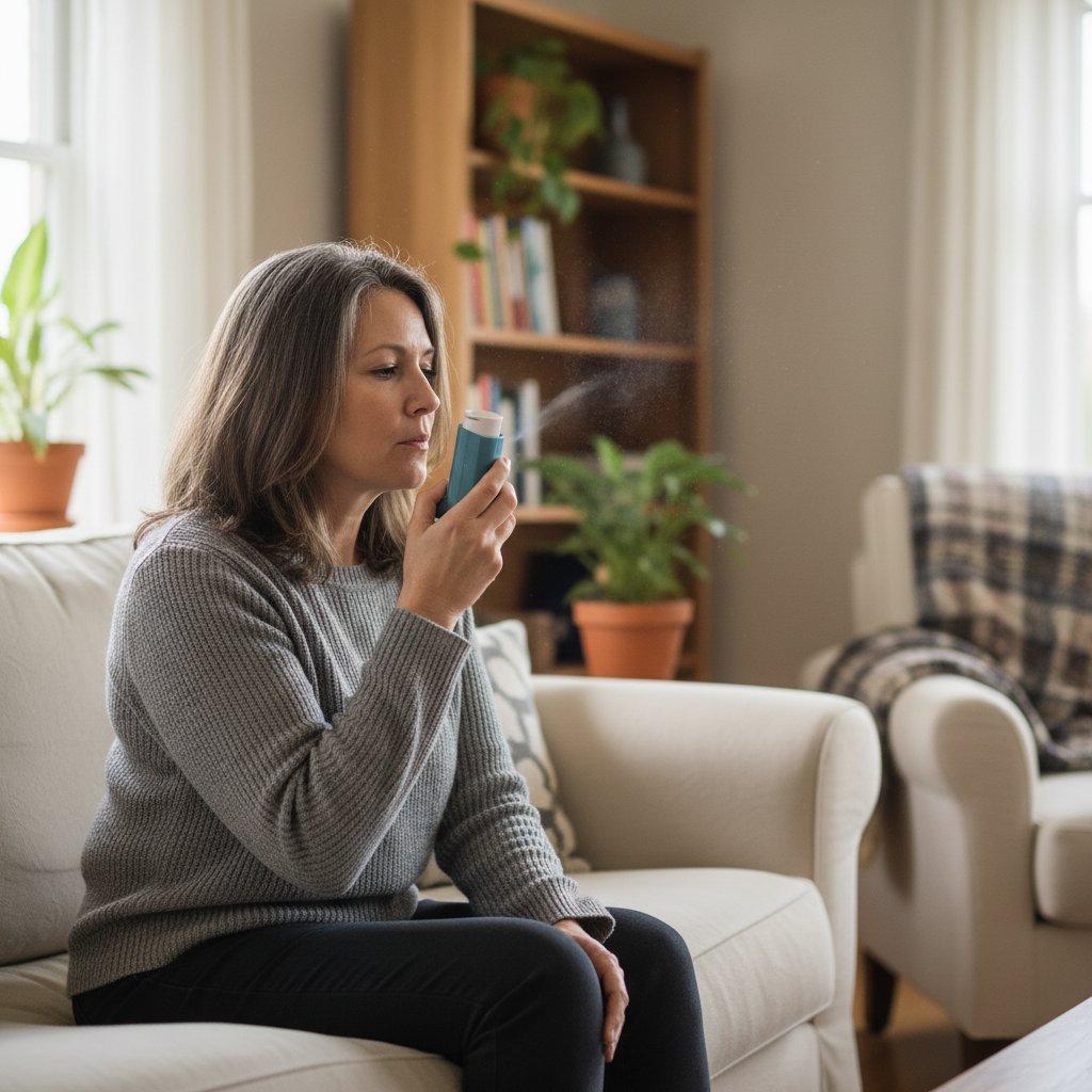 Portret kobiety w średnim wieku z inhalatorem w domu, naturalne światło, atmosfera spokoju i nadziei