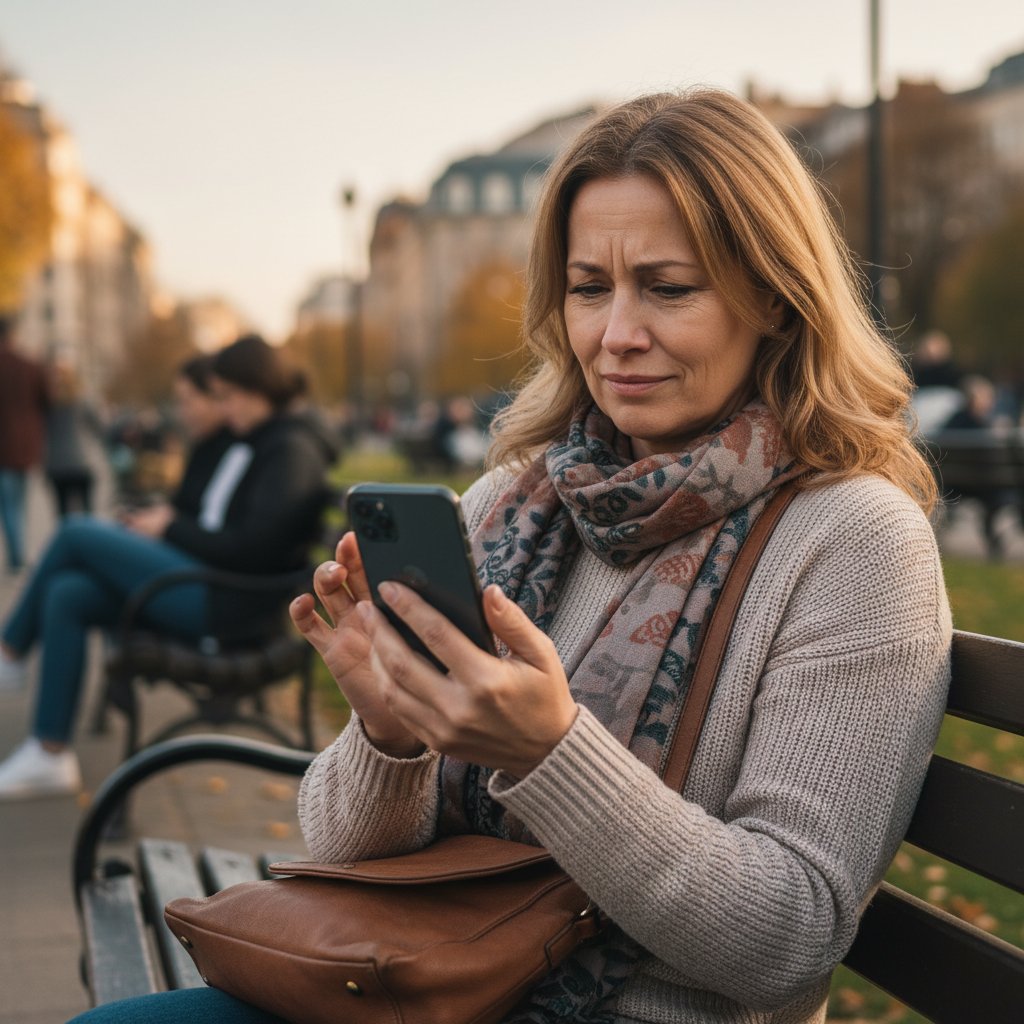 Kobieta patrzy z niepewnością na smartfon, mieszane emocje wobec AI