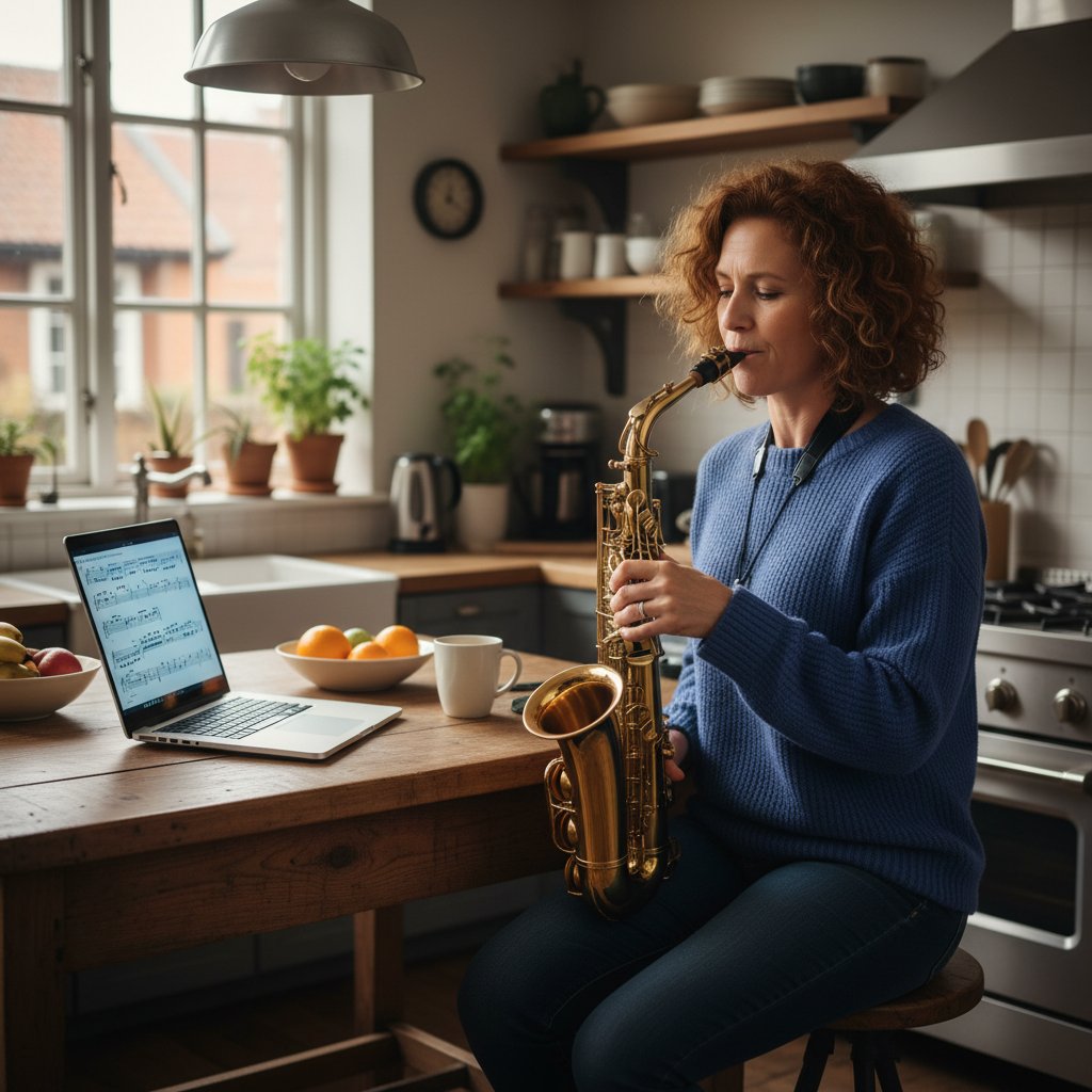 Kobieta ćwicząca saksofon w domu podczas zajęć online, laptop na stole, kuchnia