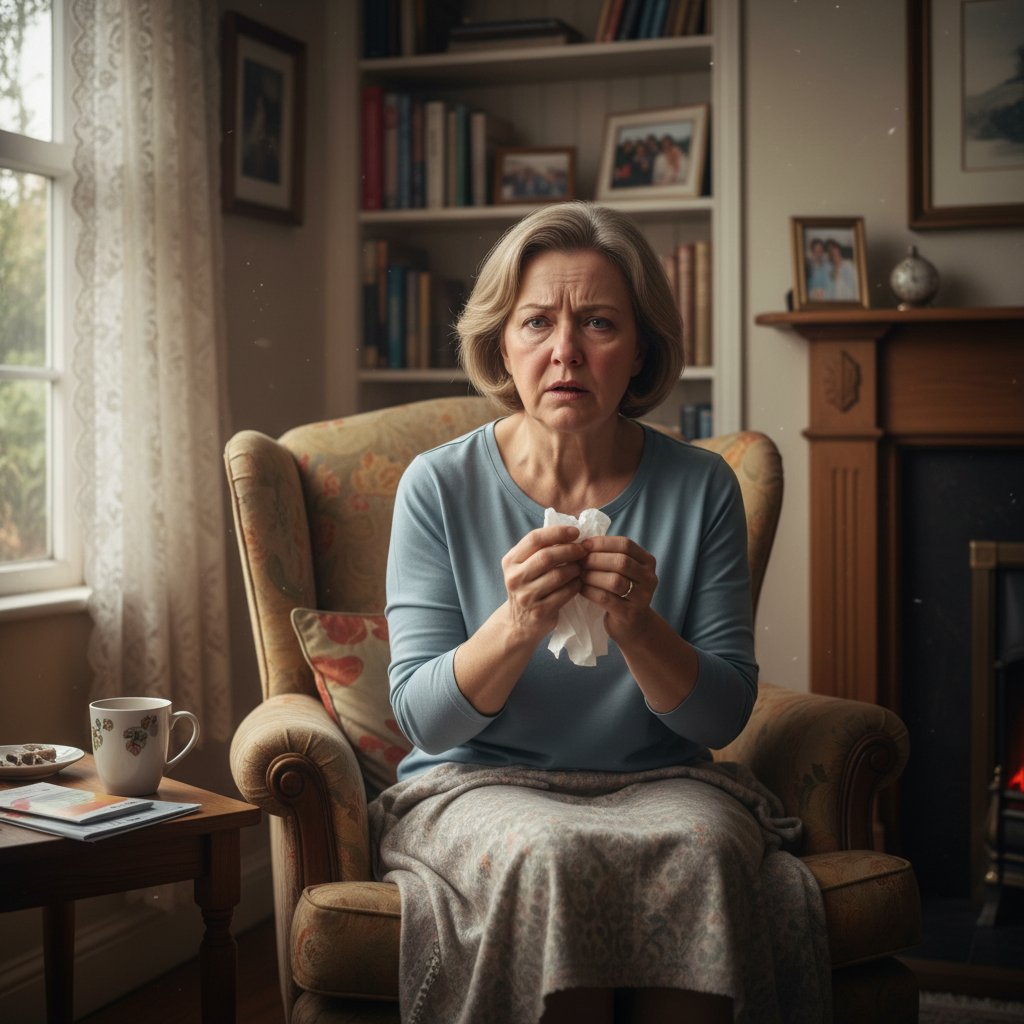 Opuchnięta twarz kobiety w średnim wieku, wyraz niepokoju, wnętrze mieszkania