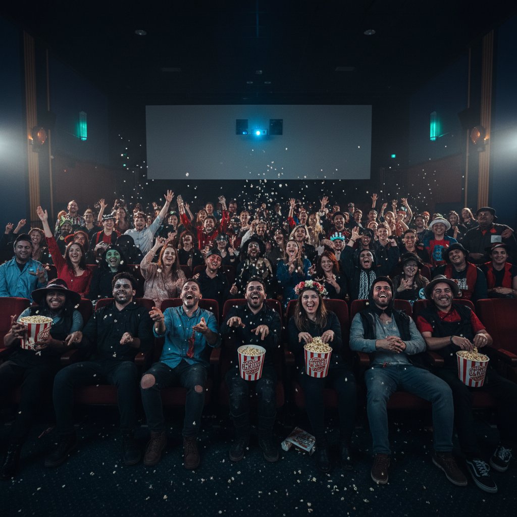 Midnight movie crowd in costume with popcorn and laughter