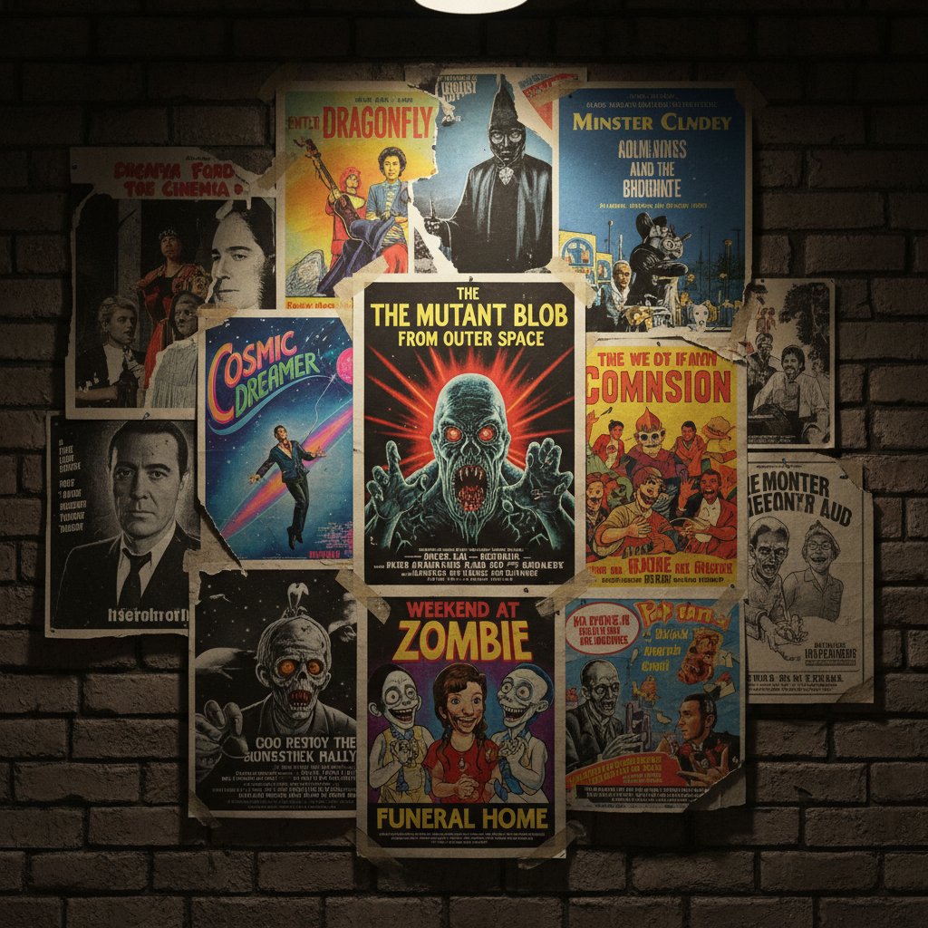 Montage of diverse midnight movie posters from the 1970s to 2020s, showing horror, animation, and indie films