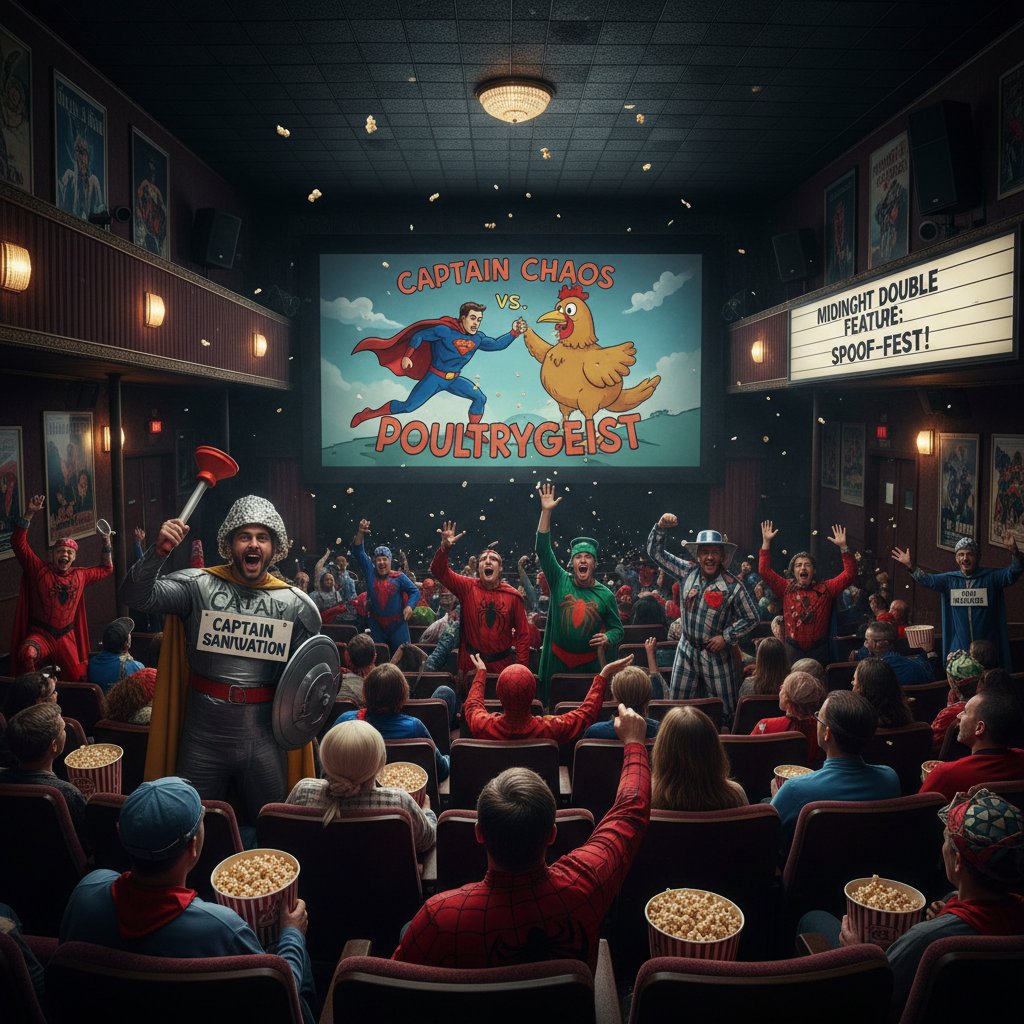 Fans in costume at late-night screening of superhero spoof movie with cult status