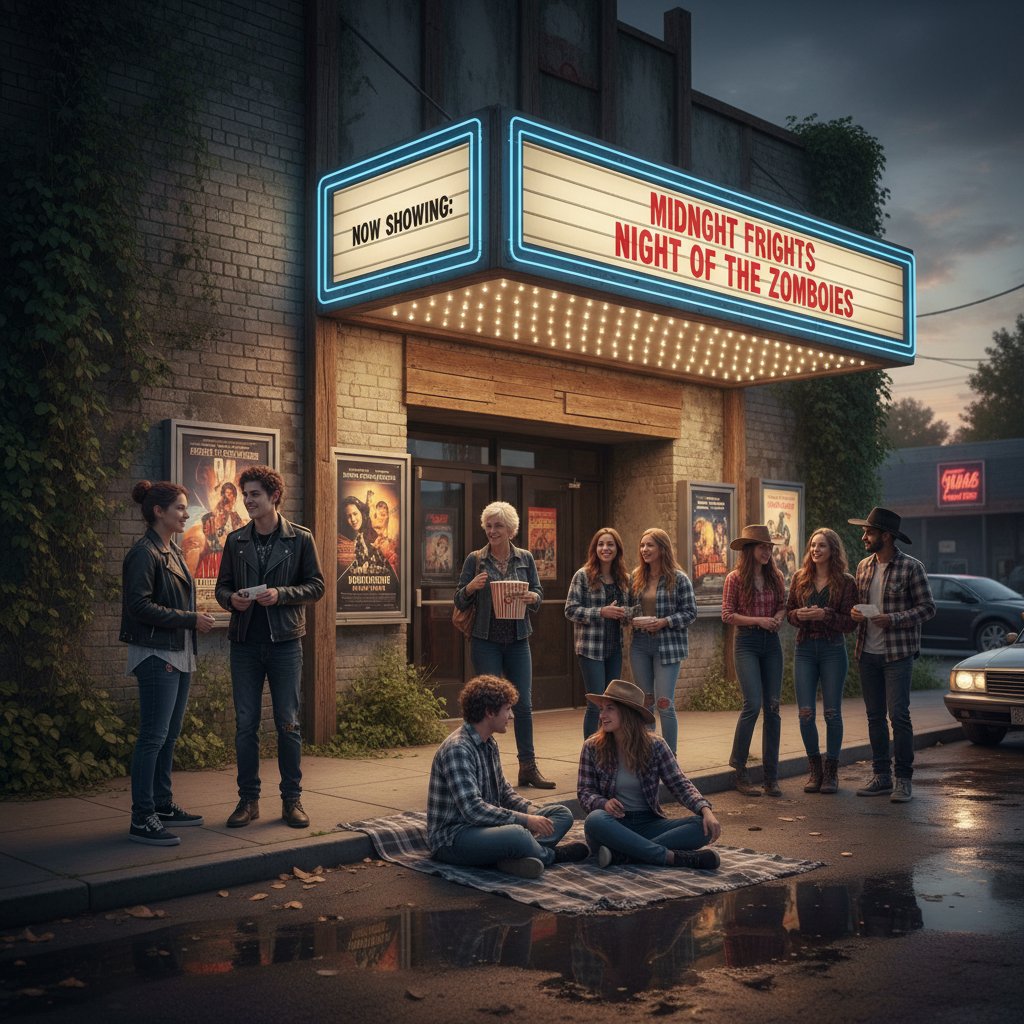 Portraits of diverse midnight moviegoers in urban and rural settings, showing generational and cultural variety