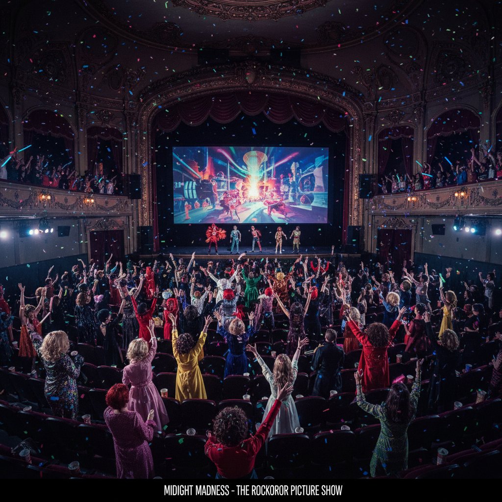 Midnight screening of a cult film with audience in costume, electric energy