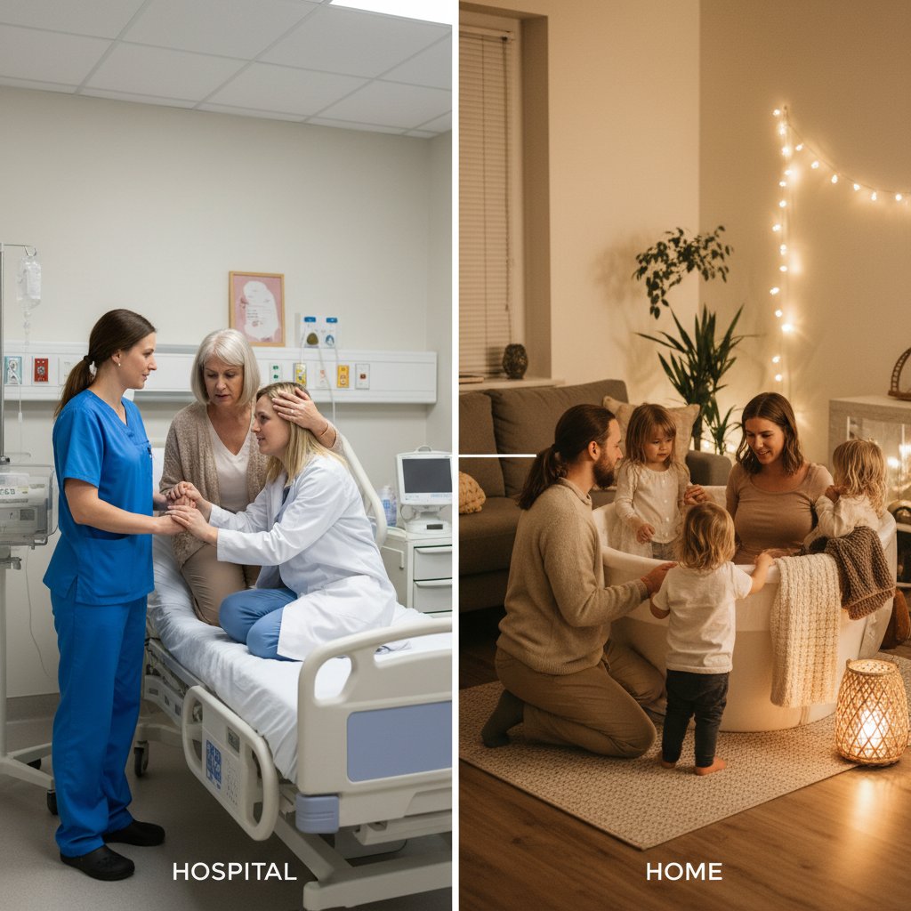 Położna szpitalna i środowiskowa pracujące z rodziną w domu i w szpitalu, kontrast dwóch światów, opieka położnej
