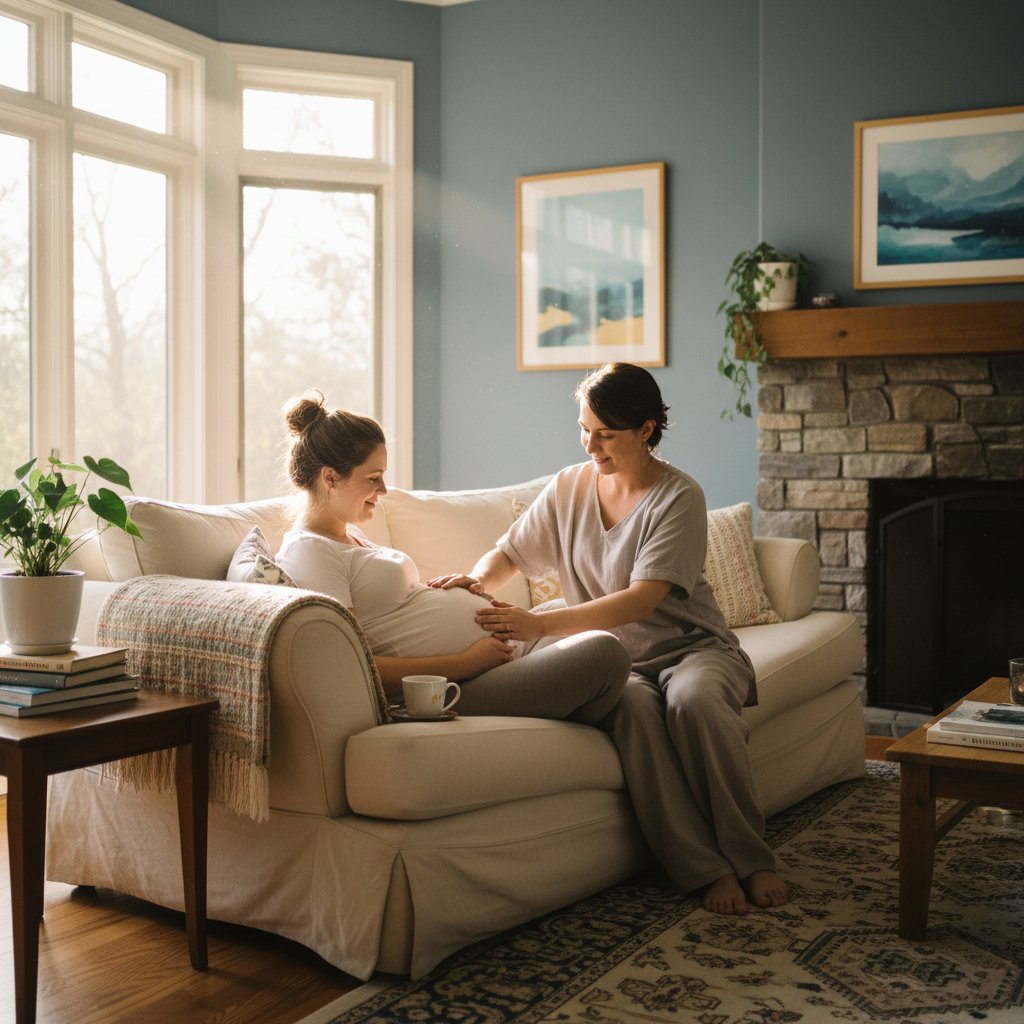 Położna środowiskowa rozmawia z ciężarną kobietą w mieszkaniu, naturalne światło, domowa atmosfera, słowo kluczowe opieka położnej
