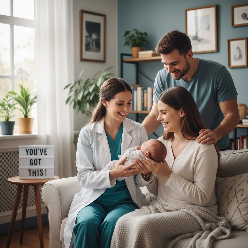 Położna uśmiecha się do młodej matki, przyjazna atmosfera, cechy dobrej położnej, opieka położnej