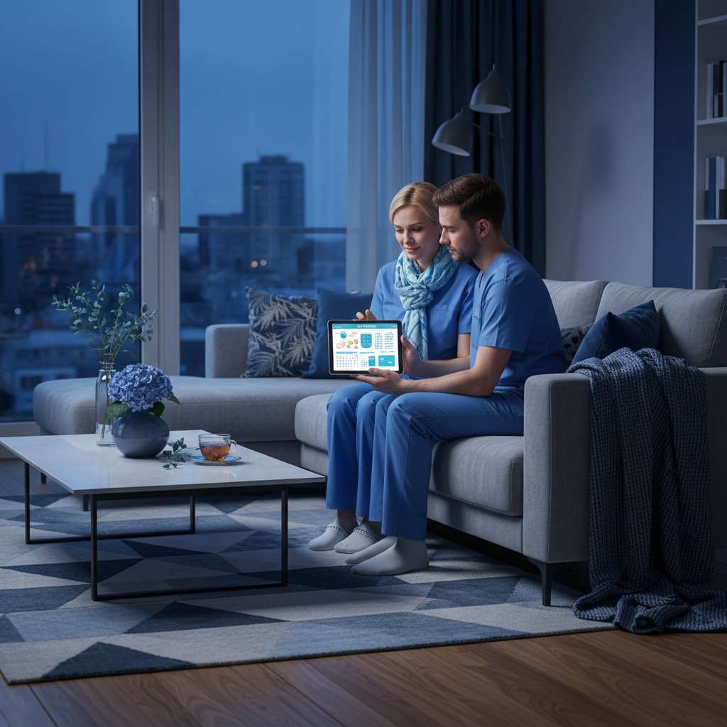 Położna korzystająca z tabletu w nowoczesnym polskim domu, niebieskie odcienie, skupienie na ekranie