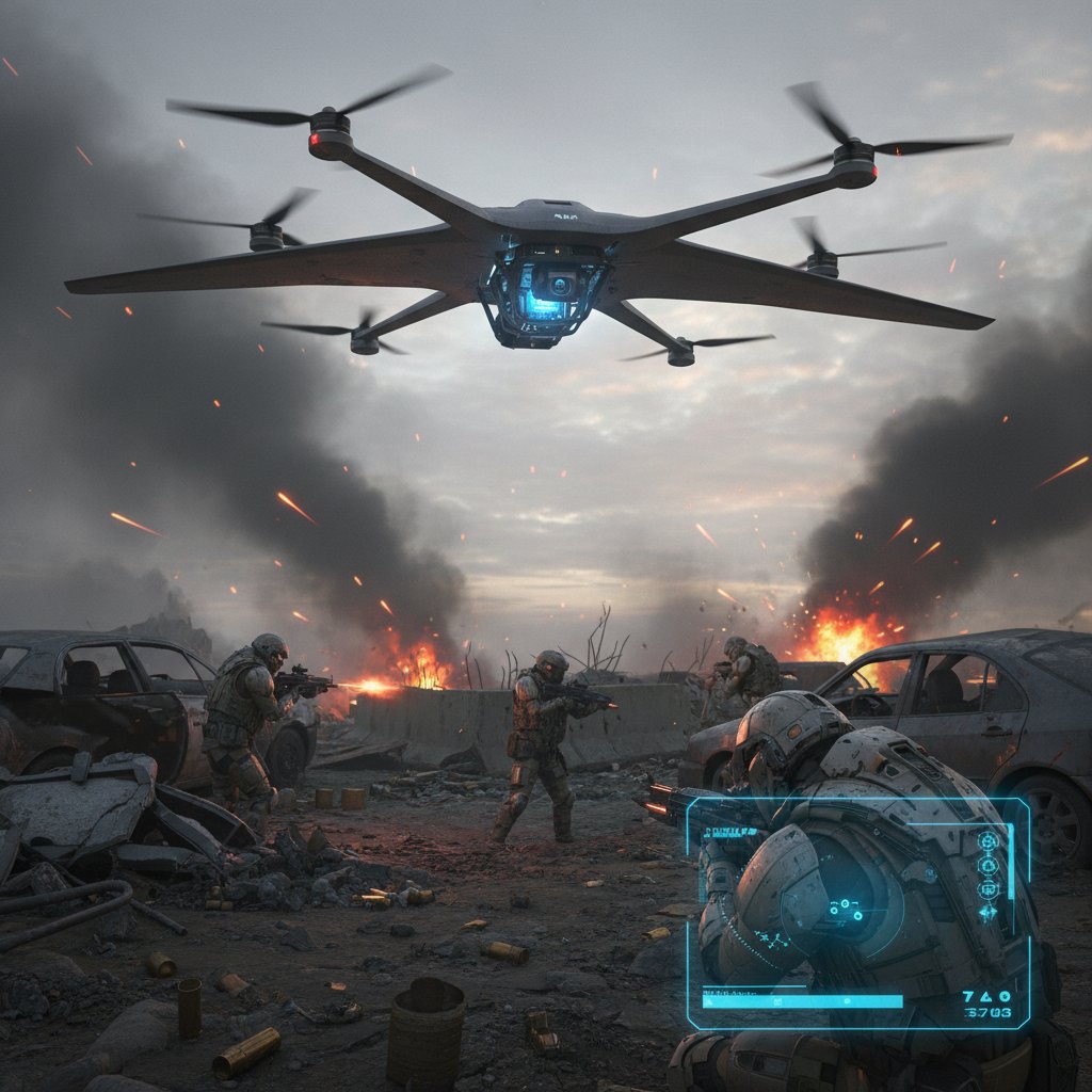 Dron wojskowy nad polem bitwy, widoczni żołnierze w tle, nowoczesna technologia AI