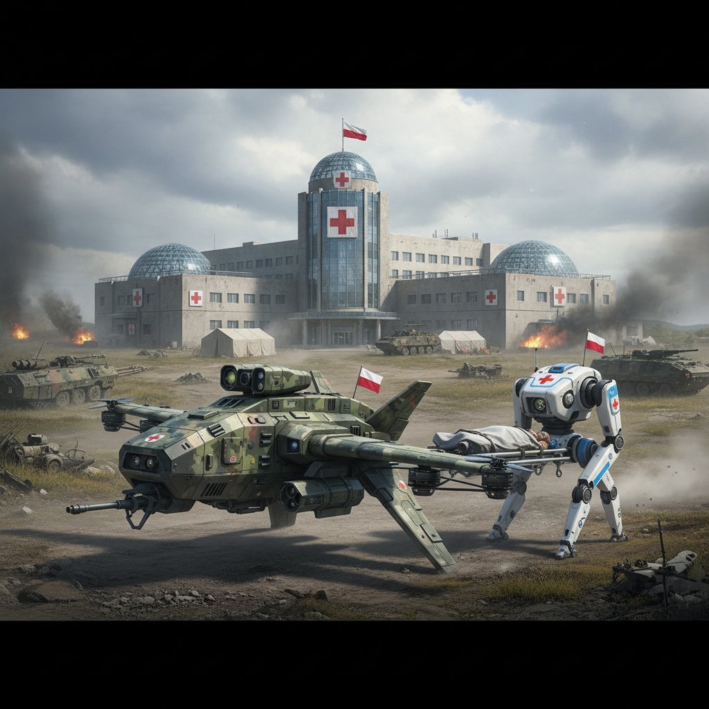 Dron wojskowy i robot medyczny na tle polskiej flagi, kontrastująca scena szpitala i poligonu
