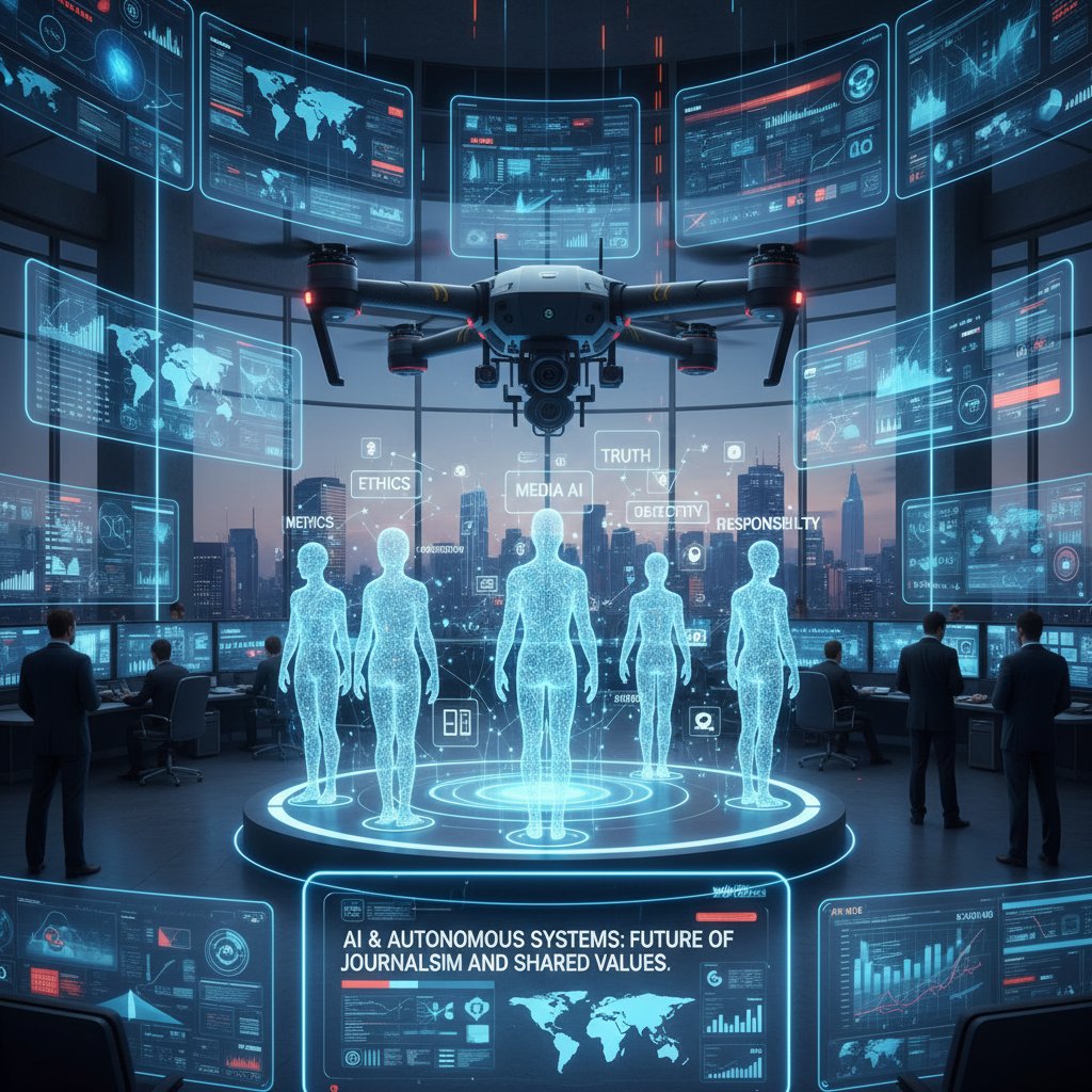 Dron wojskowy i robot w newsroomie, symbolizujące rolę AI w polityce i mediach