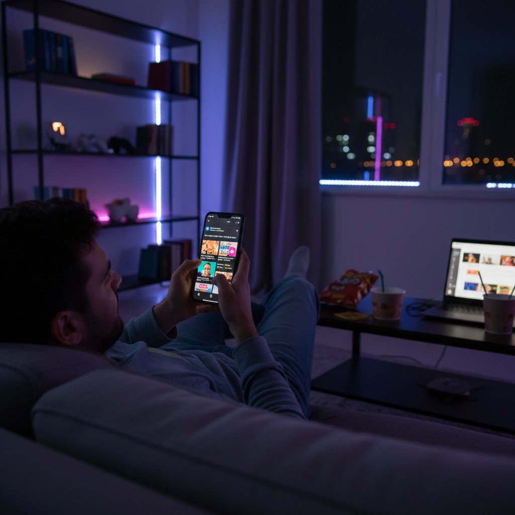 Młody człowiek nocą przeglądający memy na telefonie, światło ekranu odcina go od otoczenia