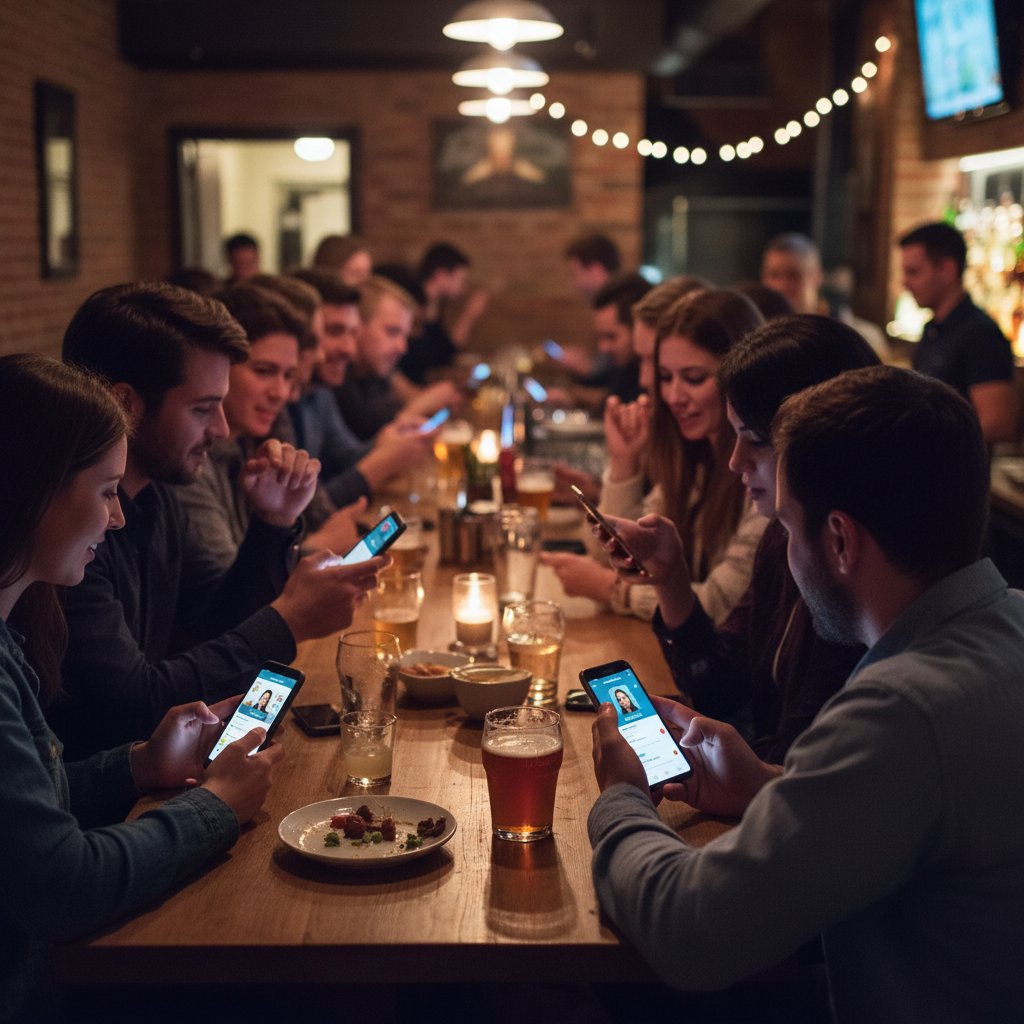 Millennials at a bar, everyone focused on dating apps and ignoring each other, illustrating modern dating problems