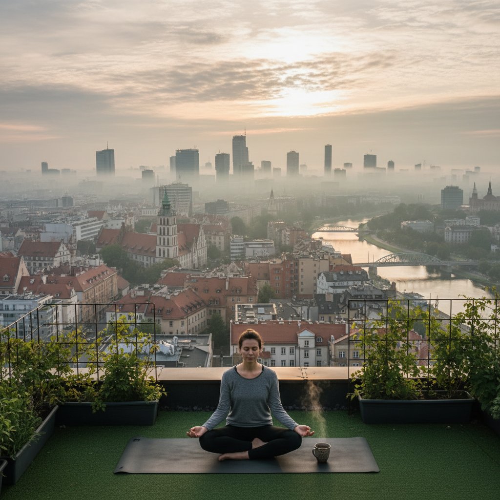 Para młodych ludzi praktykujących oddychanie na tle miejskiego krajobrazu w Polsce