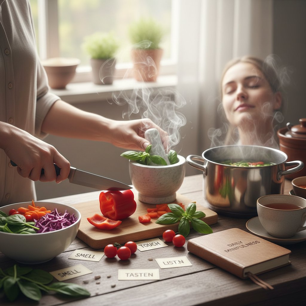 Osoba praktykująca mindfulness podczas gotowania, skupienie na zmysłach i ruchach