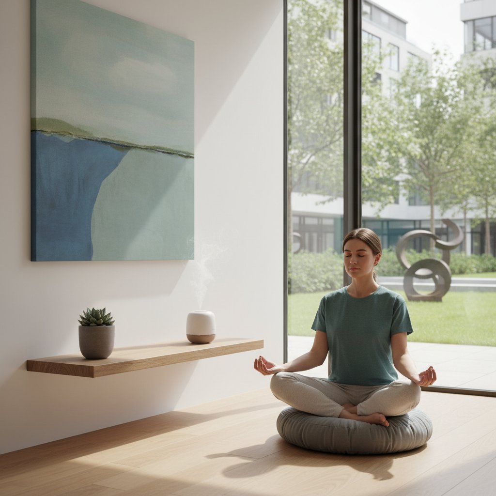 Mężczyzna i kobieta praktykujący medytację uważności na tle nowoczesnego wnętrza
