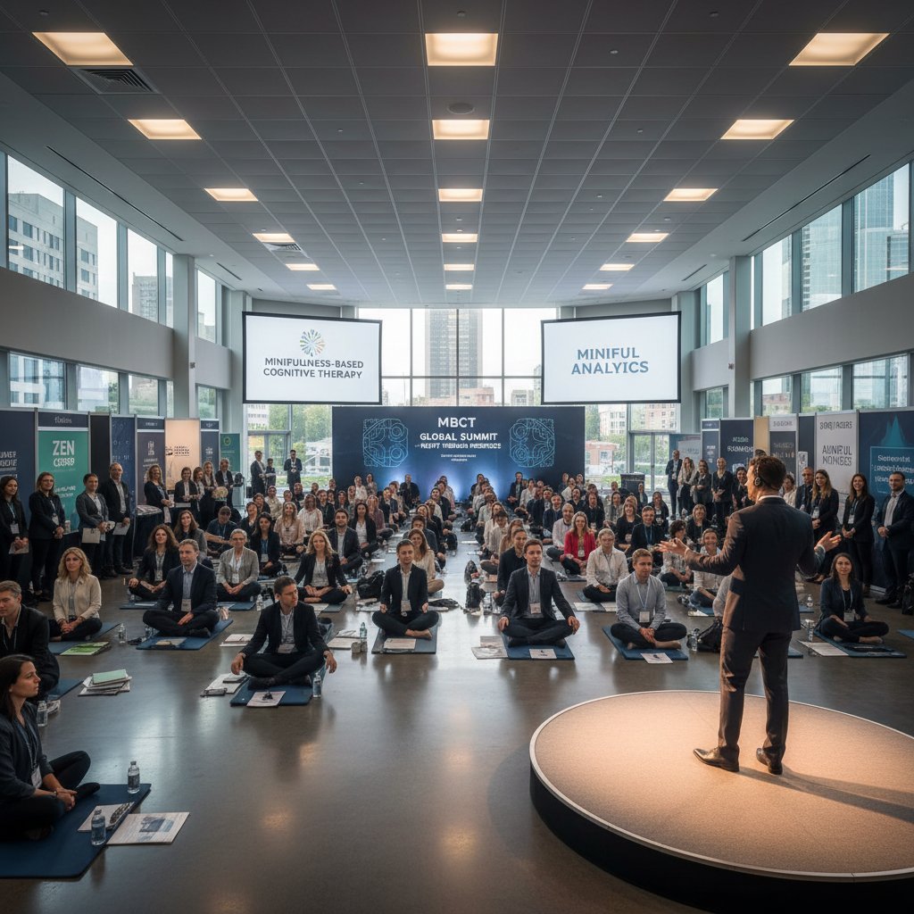 Reklamowy baner kursu MBCT, tłum ludzi w korporacyjnej przestrzeni, wyraz komercjalizacji