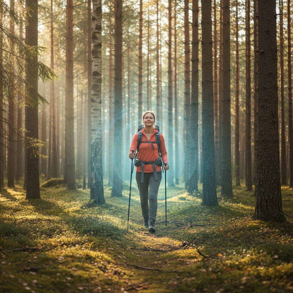 Osoba praktykująca mindfulness podczas marszu nordic walking w lesie