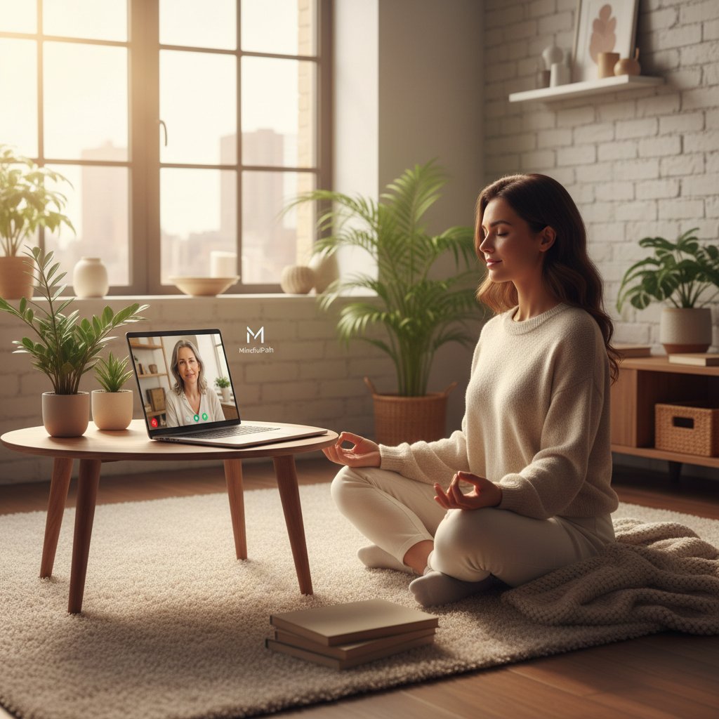 Osoba medytująca w domowym wnętrzu, promienie słońca, notatki i laptop z interfejsem AI, skupienie i siła