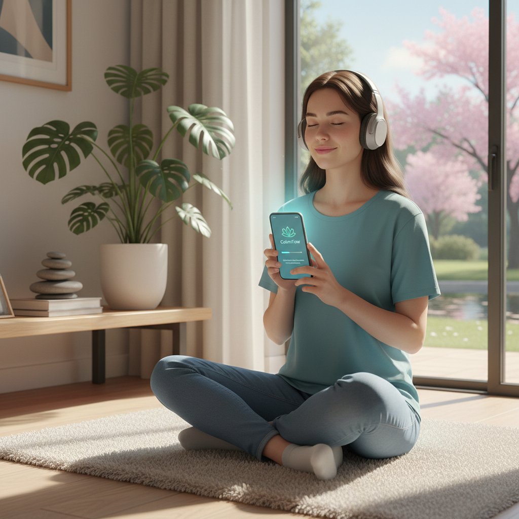 Osoba korzystająca z aplikacji mindfulness na smartfonie, jasne światło, spokojna atmosfera