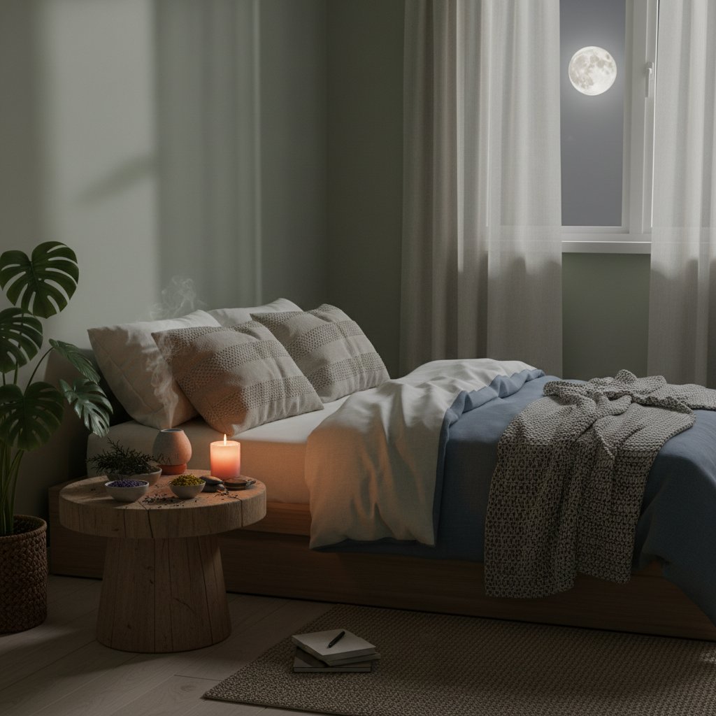 Osoba praktykująca mindfulness w sypialni, zioła na stoliku nocnym, spokojna atmosfera