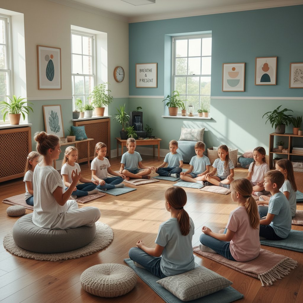Nauczyciel prowadzący zajęcia mindfulness w klasie, uczniowie skupieni, spokojna atmosfera