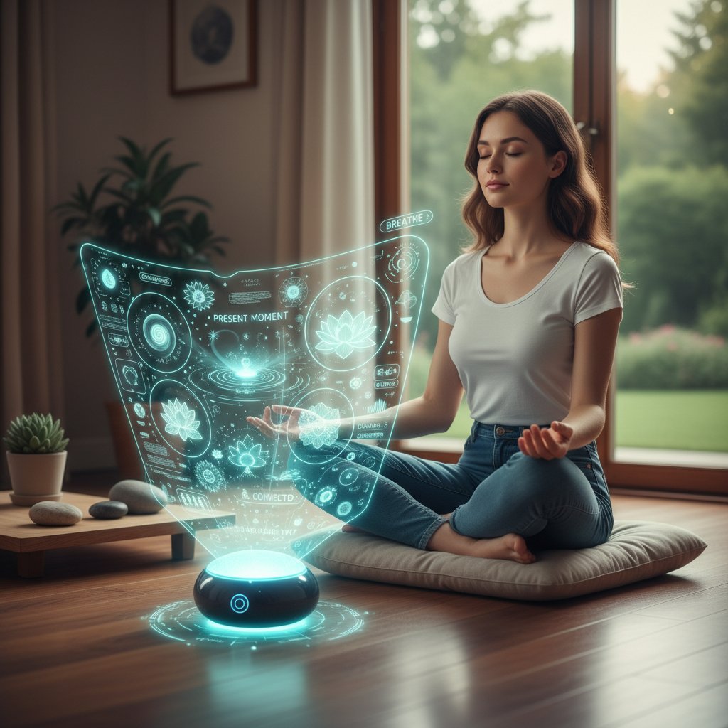 Zdjęcie osoby medytującej przy komputerze, na ekranie narzędzie AI do wsparcia emocjonalnego – słowa kluczowe: mindfulness, AI, nowoczesne wsparcie, nastrój