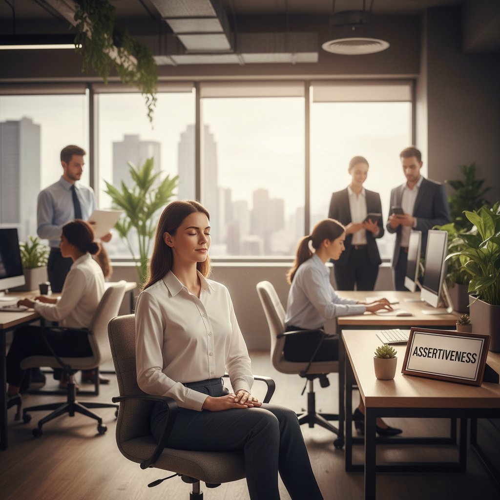 Osoba w trakcie ćwiczeń mindfulness na tle biura, z widocznym telefonem lub narzędziem AI