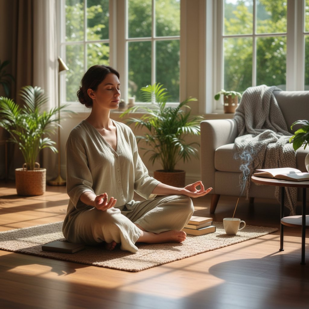 Osoba siedząca na podłodze z zamkniętymi oczami, relaksująca się w domowym wnętrzu, spokojna atmosfera