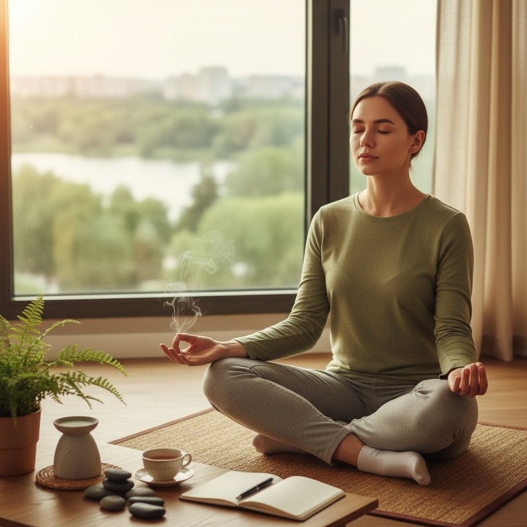 Młoda osoba medytująca w domu, spokojne otoczenie, temat: odporność psychiczna i mindfulness