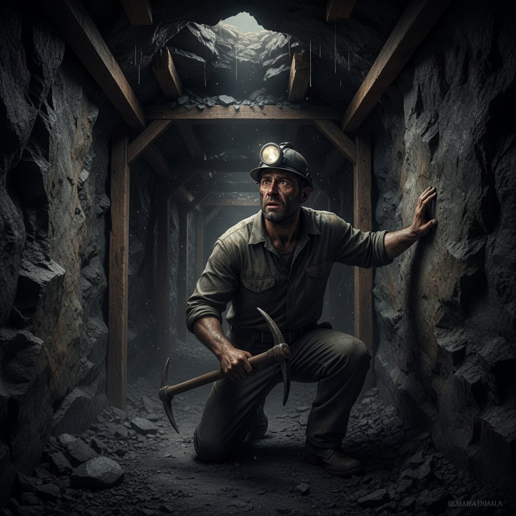 Górnik w tunelu, światło z latarki, wyraz twarzy skupiony, klaustrofobia