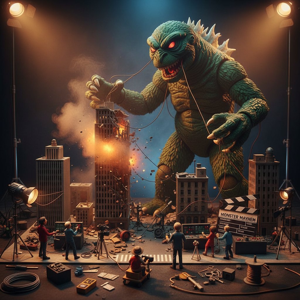 Film crew prepares a miniature city set for a monster movie scene, ultra-detailed miniatures, giant monster movies special effects